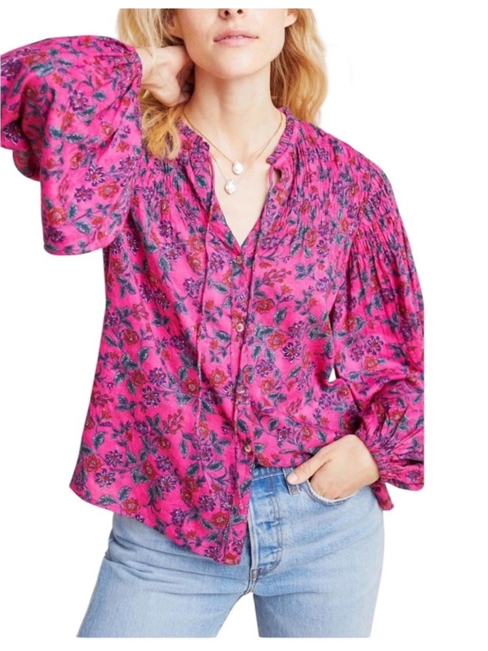 Anthropologie Maeve Calais Smocked Peasant Blouse Pink Size XS Cottagecore Boho